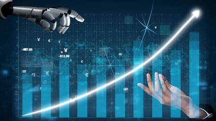 A captivating representation of collaboration between robotic and human hands in a financial context, showcasing growth through technology and data analytics. Copula - Powered by Adobe