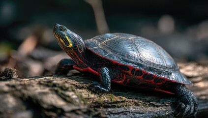 A painted turtle rests serenely on a weathered log, basking in the dappled sunlight