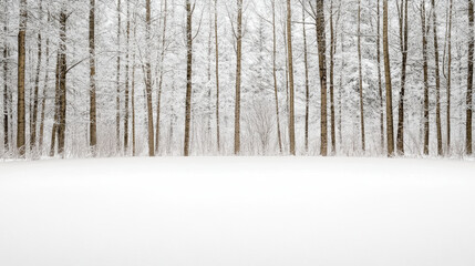 Snowy forest trees winter woodland snow covered trunks frosted branches serene landscape