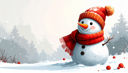 Cute 2D Snowman Illustration with Large Negative Space Ai Generated