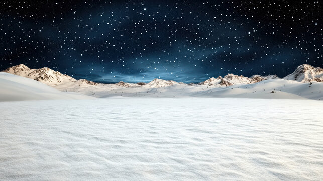 Snow field snowy mountain starry sky night landscape winter scene snow plain alpine ridge cold - Powered by Adobe
