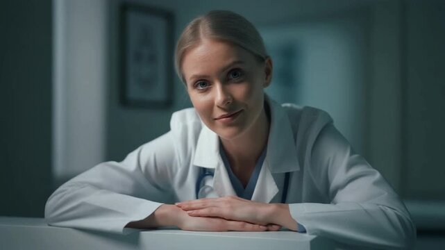Portrait of a young female doctor in a white coat at the hospital.