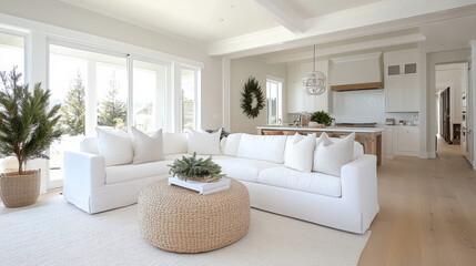 Fototapeta premium Cozy white living room with natural textures and soft beige accents evoking calm warmth