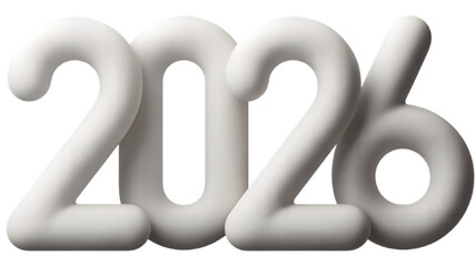White inflated number 2026 on transparent background, design element