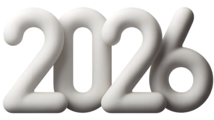 White inflated number 2026 on transparent background, design element