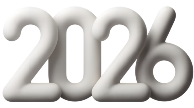 White inflated number 2026 on transparent background, design element