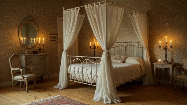 A charming vintage bedroom featuring a four-poster bed with flowing curtains illuminated by soft warm candlelight creating a cozy and romantic ambiance
