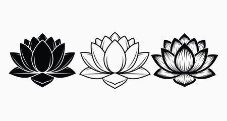 Three lotus flowers in different styles black and white illustration