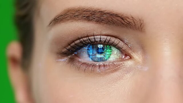 Futuristic vision with technology integrated into a human eye, showcasing artificial intelligence and innovative biometrics in a modern, engaging style