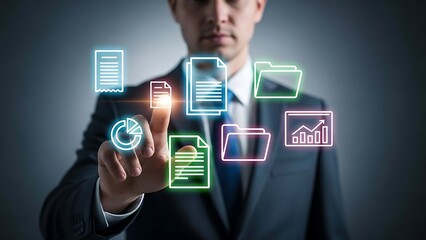 Business man touches virtual screen with data, document and folder icons.