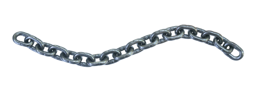 A strong chain with a metal surface is arranged in a wavy line. The chain is an industrial or construction tool - Powered by Adobe