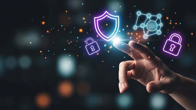 Digital security concept with hand touching glowing shield icon for data protection.