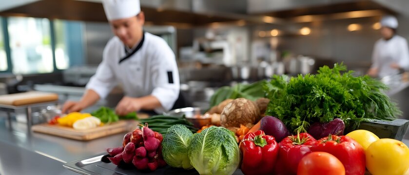 Professional Chef Preparing Fresh Ingredients in Modern Restaurant Kitchen
