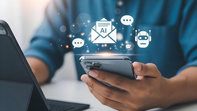 Ai powered email marketing strategy on mobile phone with chatbot and automated message icons