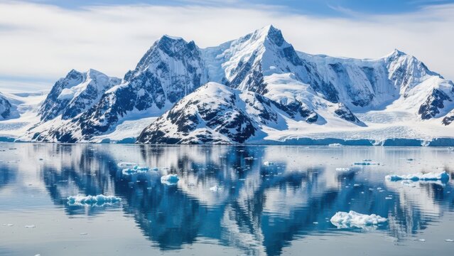 Majestic snow-capped mountains rise above calm ocean waters reflecting icebergs under a clear blue sky, polar landscape. - Powered by Adobe