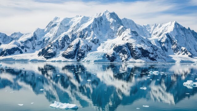 Majestic snow-capped mountains reflected in calm glacial water with floating icebergs under a bright, cloudy sky