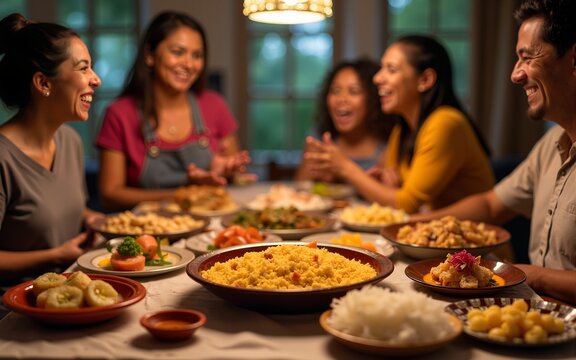 A family gathering around a table filled with traditional Hispanic foods, celebrating Hispanic Heritage Month in high definition. High quality