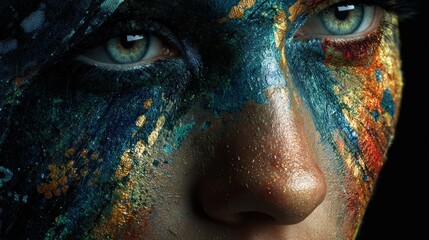 Close up of a person with colorful painted face art against a dark background