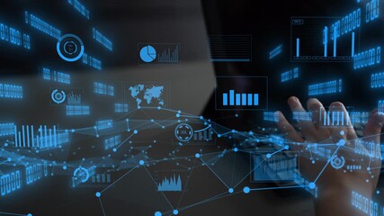 A modern workspace featuring a hand interacting with a laptop screen displaying futuristic data analytics. Graphs, charts, and a world map enhance the professional atmosphere. Xenic - Powered by Adobe