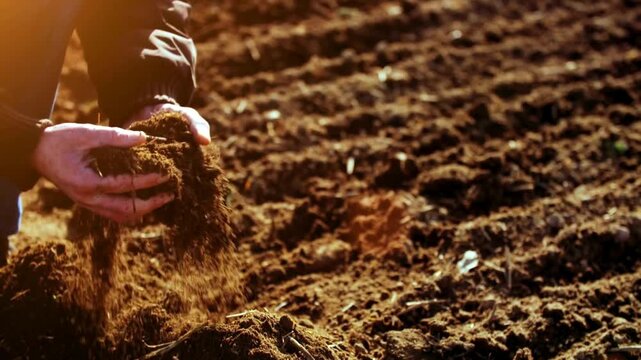 Soil fertility analysis as agricultural activity. farmer hold soil in hands to monitoring humus health on a farm at sunset professional farmer holding dirt from ground to examining earth quality.