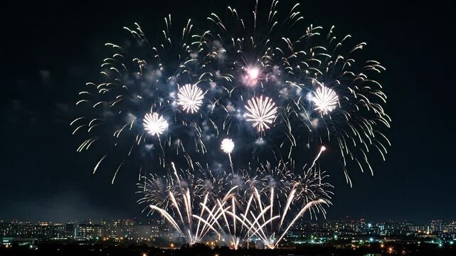 Colorful Fireworks Displayed Against Dark Night Sky Over City Skyline
