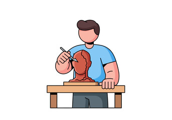 Man crafting a clay head with tools on a wooden surface. Suitable for art, sculpting, creativity, and craftsmanship concepts.