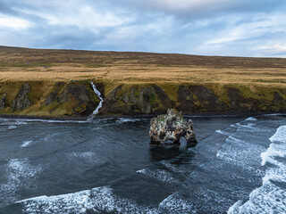 Aerial view of a coastline scenery around Hvítserkur in Iceland