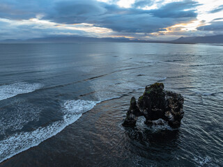 Aerial view of a coastline scenery around Hvítserkur in Iceland