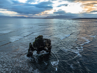 Aerial view of a coastline scenery around Hvítserkur in Iceland
