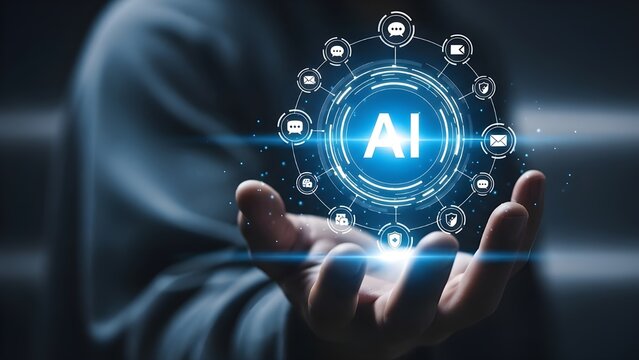 Man holding glowing ai symbol surrounded by icons representing artificial intelligence applications and technologies - Powered by Adobe