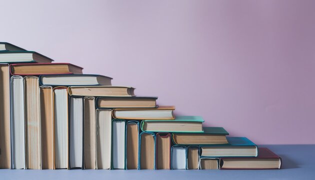 Neatly stacked books forming a staircase against a soft purple wall representing the steps of learning and academic growth
