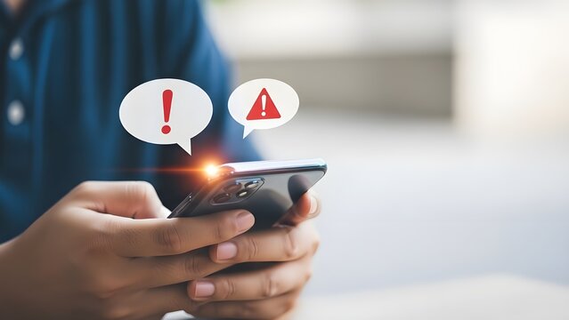 Person holding smartphone receiving error message and warning notifications on screen indicating a problem - Powered by Adobe