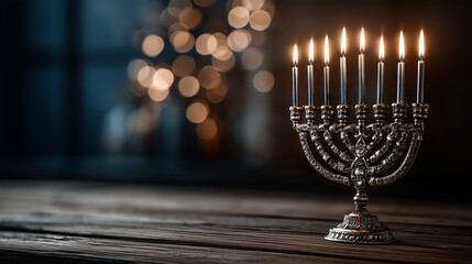 Elegant silver menorah glowing warmly on wooden table near window during a peaceful Hanukkah evening
