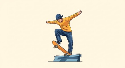 Fototapeta premium Young Skateboarder Performing a Trick on a Ramp.