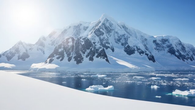 Majestic snow-covered mountains rise above a calm, icy sea dotted with icebergs under a clear blue sky.