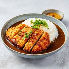 Golden Breaded Pork Cutlet Served With Fluffy White Rice And Savory Curry Sauce On A Textured Gray Plate