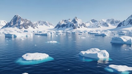 Majestic snow-capped mountains tower over a tranquil arctic ocean dotted with majestic icebergs under a clear blue sky.