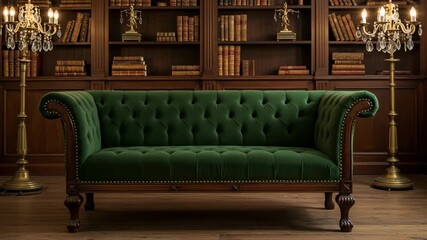 Luxurious vintage library space featuring plush green velvet sofas, ornate chandeliers, and rich wooden shelves for a cozy academic ambiance