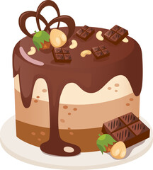 Decadent chocolate cake with nuts, squares, and decorative swirls. Perfect for bakery, dessert menus, food blogs, and sweet promotions.