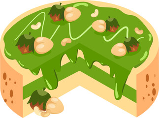 Cake with green icing, nuts, and cashew decorations ideal for bakery, dessert, celebration, birthday, or foodthemed designs. Delicious and attractive.