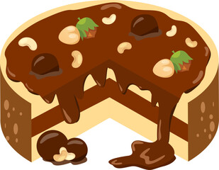 Chocolate cake with nuts and chocolate balls revealed layers, perfect for bakery promotions, dessert recipes, or food blogs showcasing sweet treats.