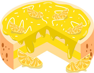 Round layer cake with yellow icing and orange slices. Perfect for bakery ads, food blogs, and recipe cards.