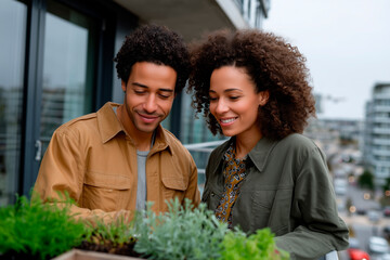 Black couple urban gardening on apartment balcony
