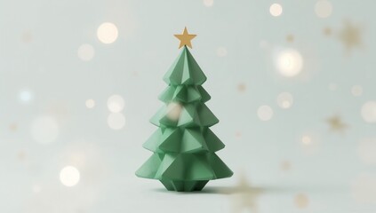 Fototapeta premium 3D green Christmas tree decoration with golden star on soft background 