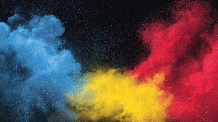Exploding Clouds Of Blue Yellow And Red Color Powder Against Dark Background With Sparkles And Glitter