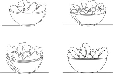 Four hand drawn line art illustrations of bowls filled with fresh salad ingredients