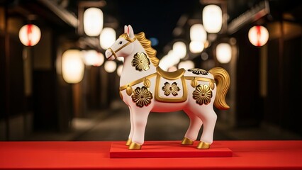 Decorative white horse figurine with gold accents on a red platform at night time