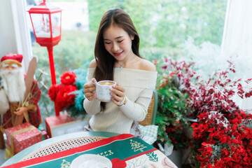 Portrait beautiful asian woman holding of positive the having cup of coffee,milk or chocolate at...