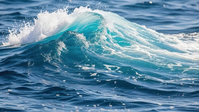 Majestic ocean wave crests and breaks with foamy white spray under bright sunlight, creating dynamic water patterns and blue hues.
