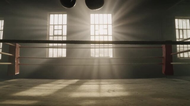 An empty new boxing ring empty with a large window and an open door leading into a modern building corridor